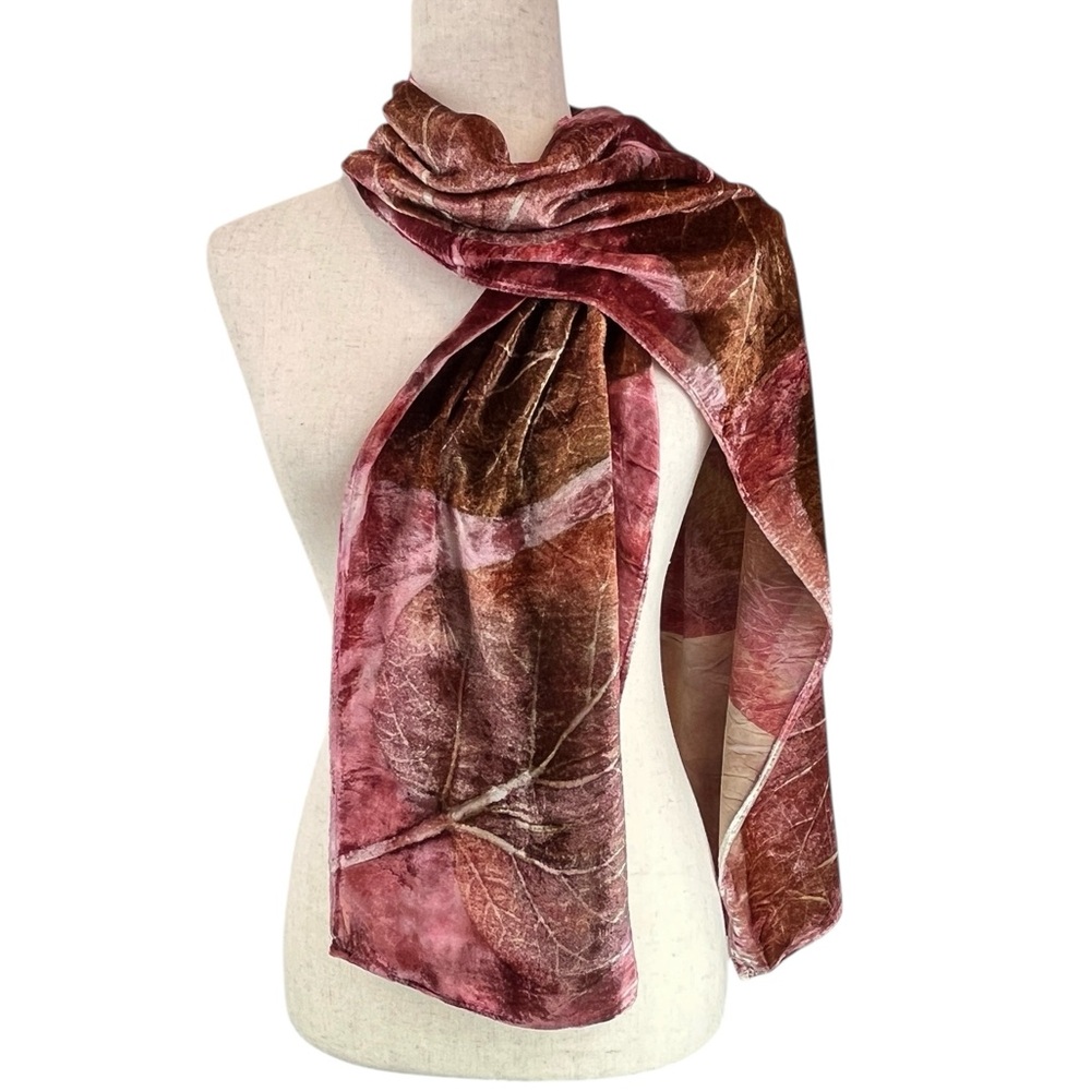 NWOT Crushed Velvet Silk Blend Artisan Hand Painted Scarf Leaf Pattern